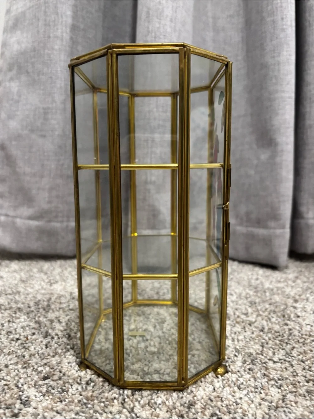 Vintage Brass Hexagonal Glass Curio Cabinet With Stained Glass Parrots